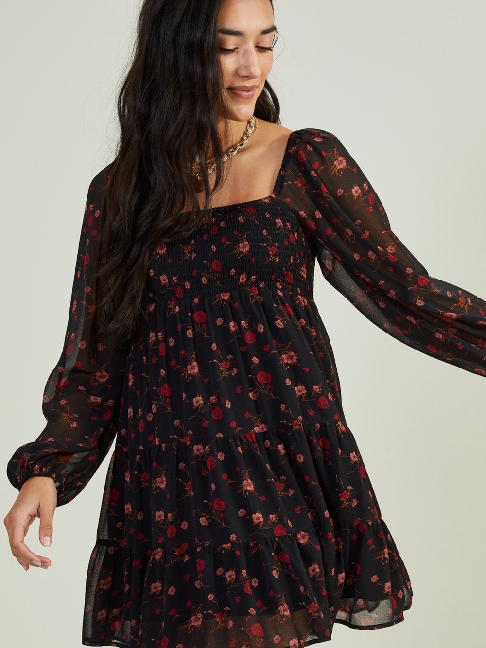 ALTAR'D STATE Black Floral Long Sheer Sleeve Tiered Whimsigoth Mini Dress Medium